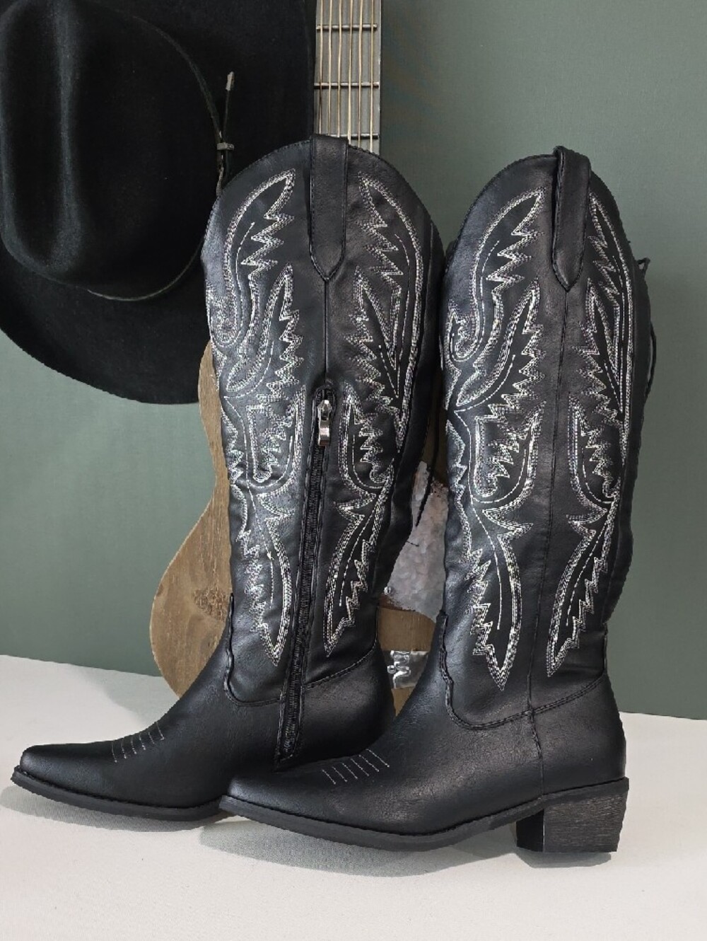 Onlymaker Black Embroidered Cowboy Boots Knee High Western Cowgirl Sz 9 - Picture 2 of 10